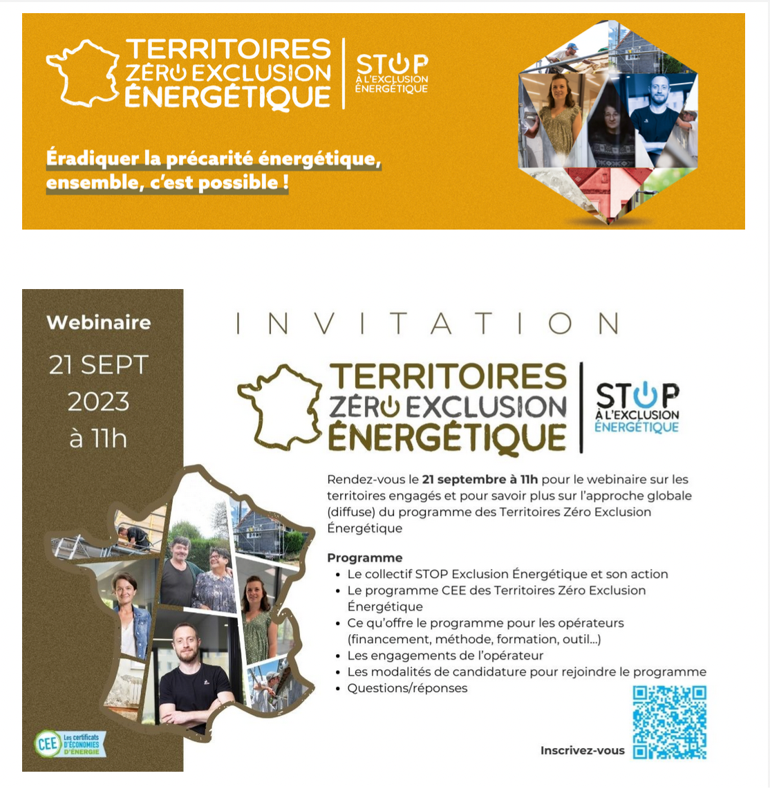 Rendez-vous le 21 septembre à 11h pour le webinaire sur les territoires engagés et pour savoir plus sur l'approche globale (diffuse) du programme des Territoires Zéro Exclusion Énergétique