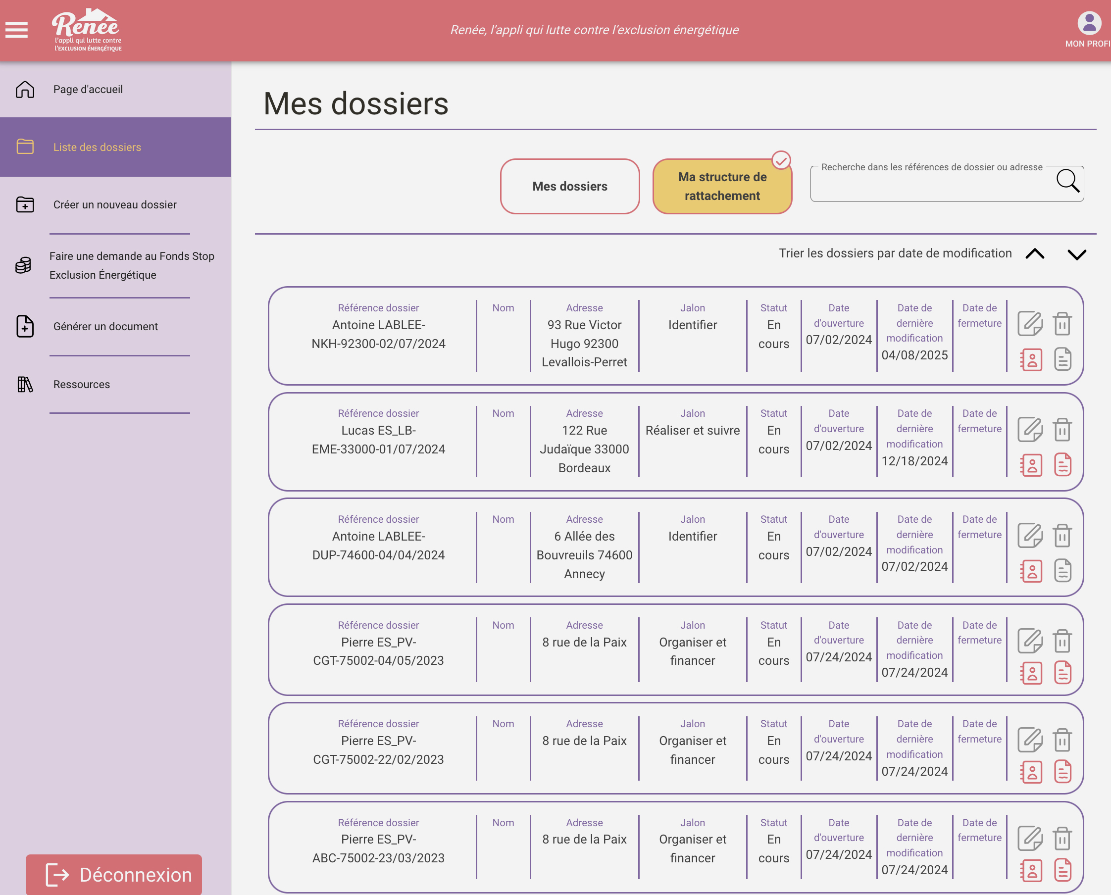 APPLICATION Renée - Liste des dossiers