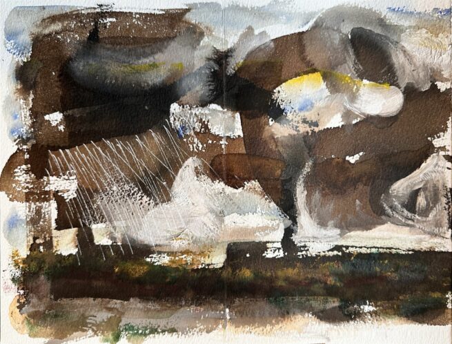 Chronique d'une tempête mordorée. Brou de noix, aquarelle et Posca sur papier fait main. 24x122 cm 12. 2023