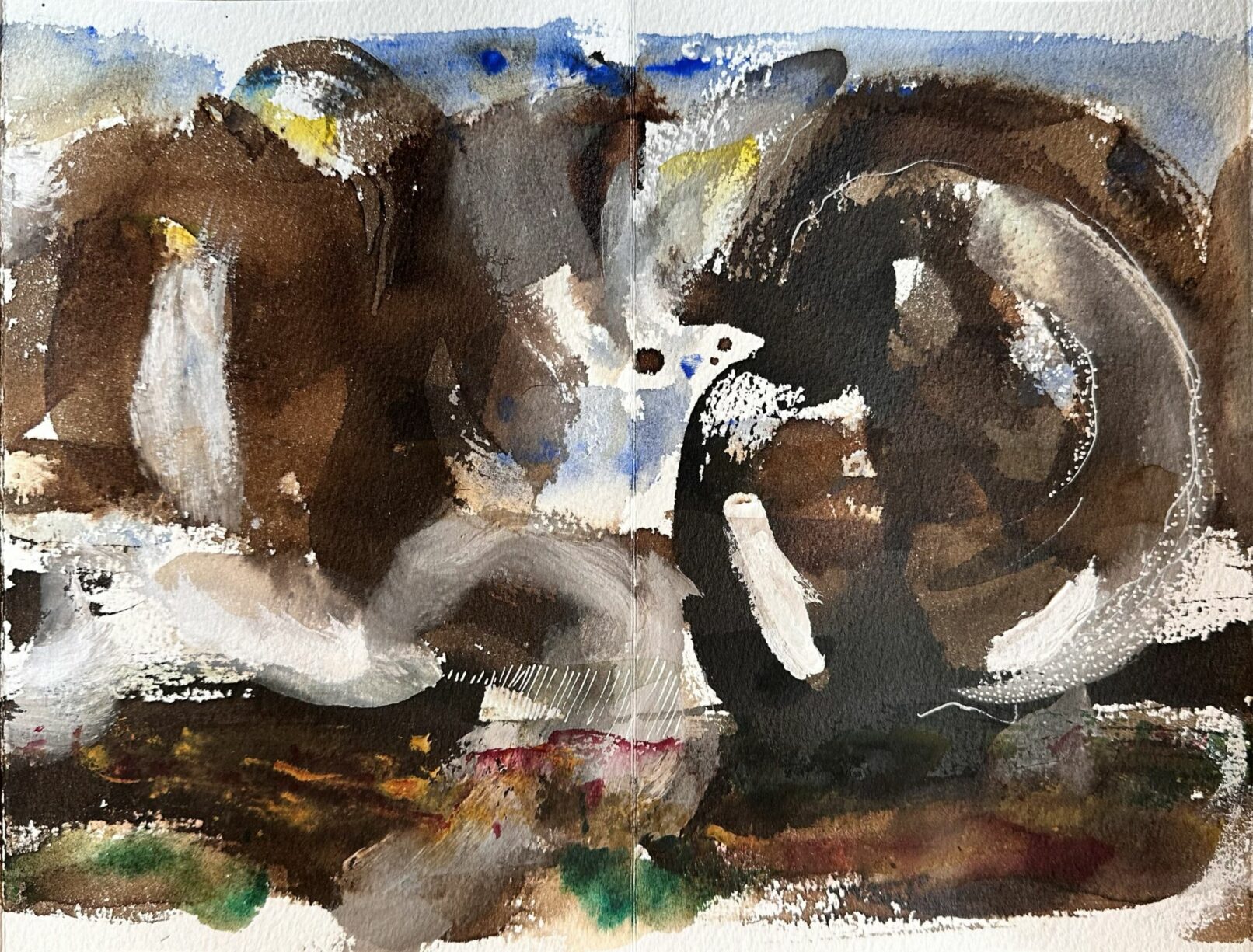 Chronique d'une tempête mordorée. Brou de noix, aquarelle et Posca sur papier fait main. 24x122 cm 12. 2023