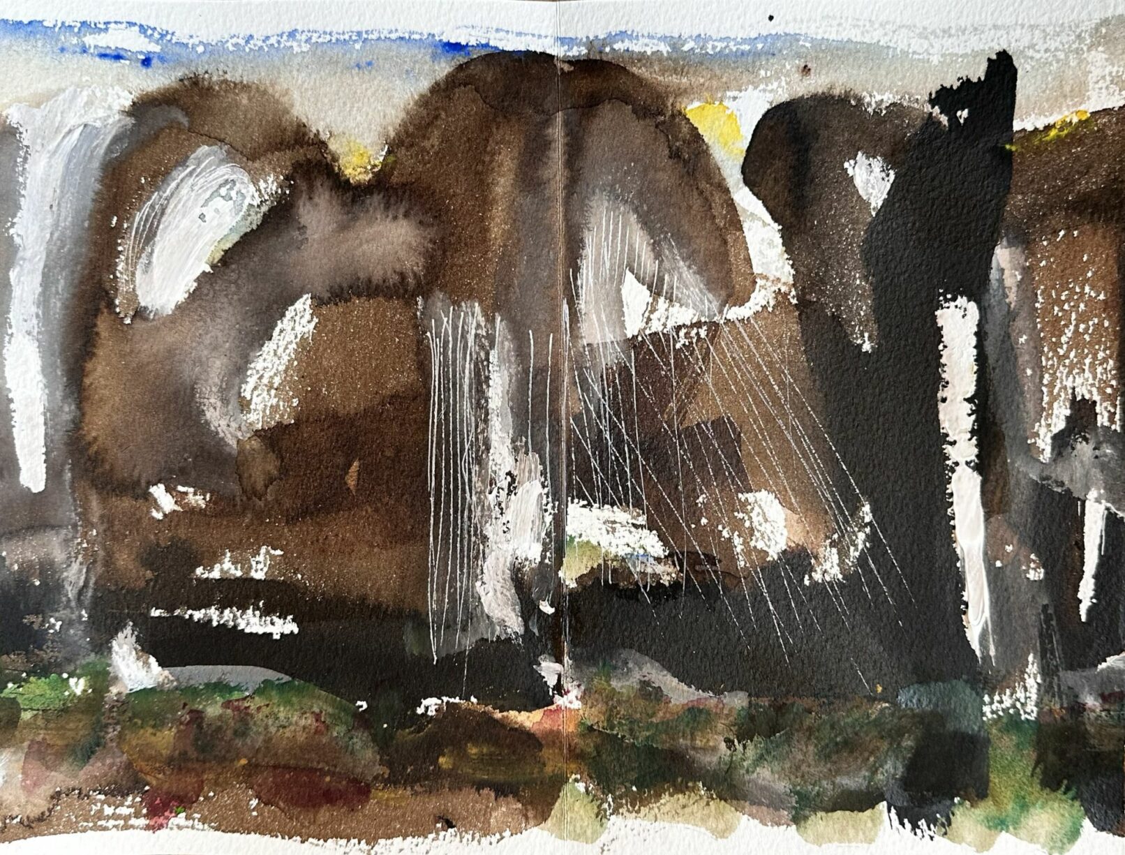 Chronique d'une tempête mordorée. Brou de noix, aquarelle et Posca sur papier fait main. 24x122 cm 12. 2023