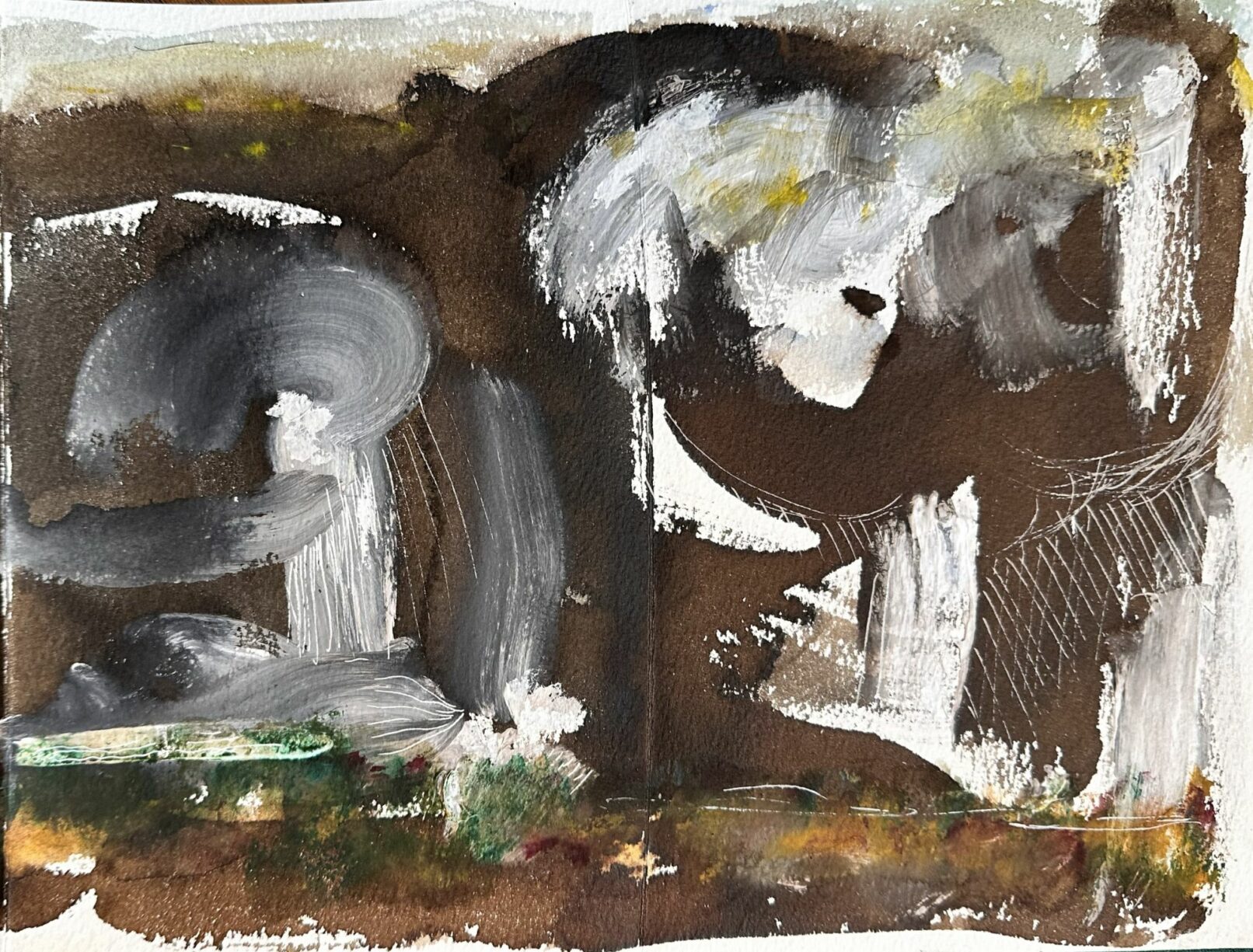 Chronique d'une tempête mordorée. Brou de noix, aquarelle et Posca sur papier fait main. 24x122 cm 12. 2023